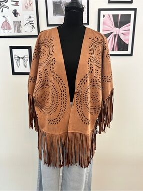Fringed Suede-Look Open Cardigan - Camel